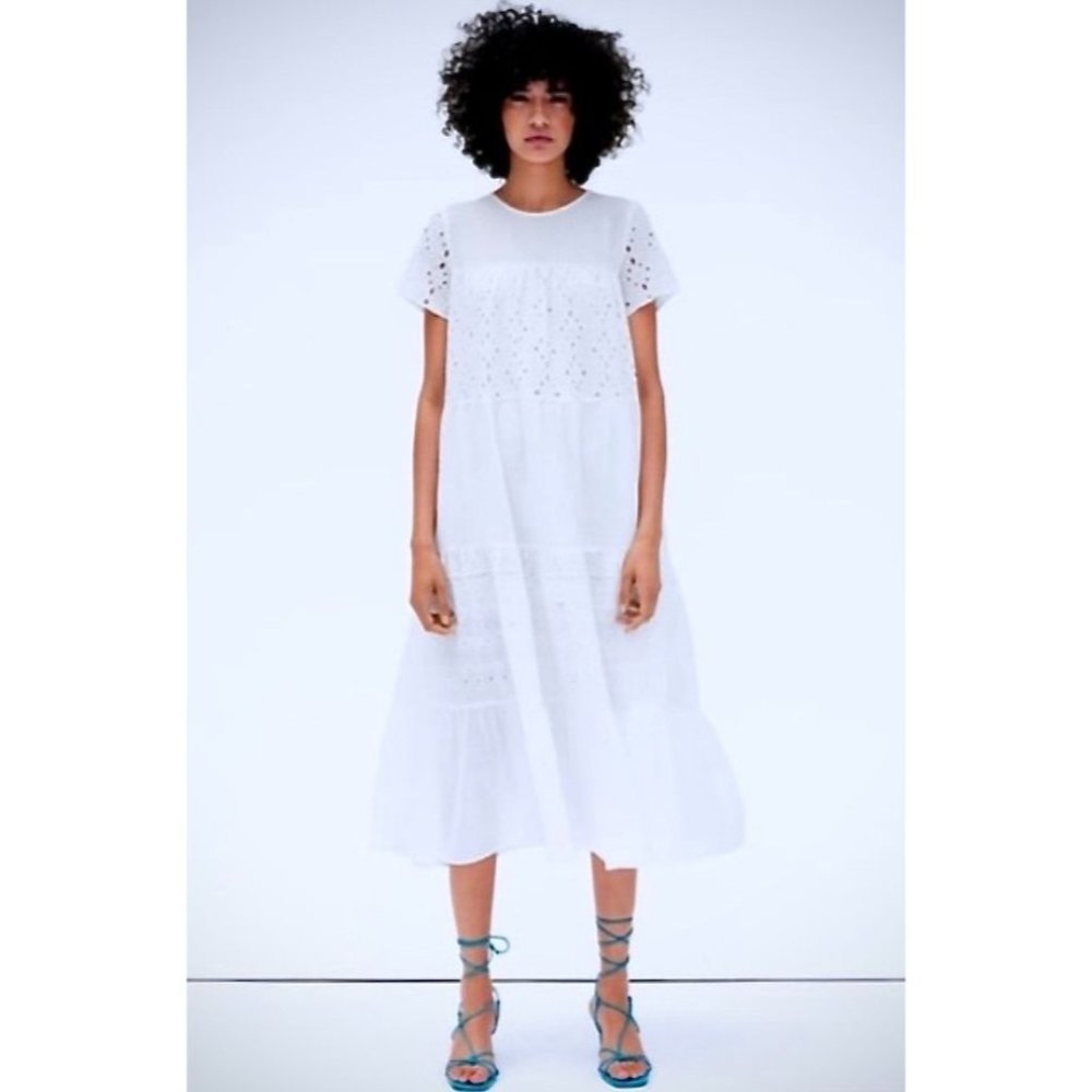 Zara White Tiered Eyelet Cotton Dress M Short Sleeve Midi Embroidery Keyhole Sun